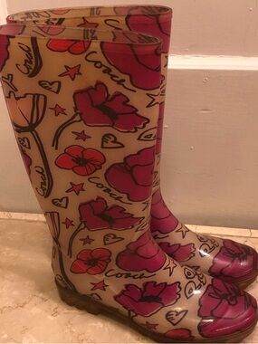Coach Beige Rain Boots with Pink and Red Floral Print